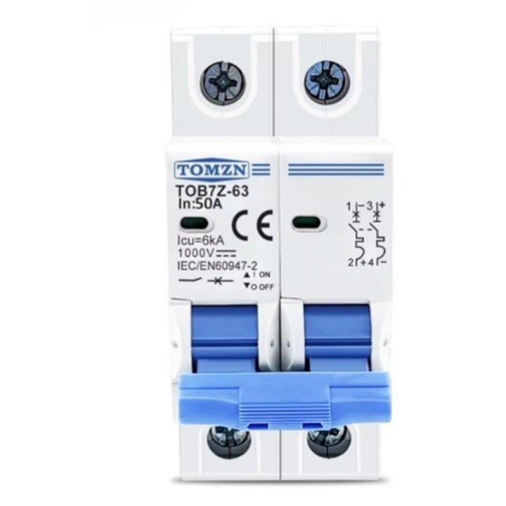 Siguranta automata de curent continuu 2P, 50A DC, 1000VDC, Intrerupator automat pentru panouri fotovoltaice, baterie sisteme fotovoltaice, instalare pe sina DIN, 2M