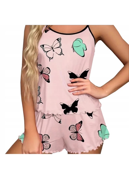 Pijama Dama 2 Piese, SNM, Set Lenjerie Sexy Cu Imprimeu Fluturi, Material Elastic Cu Bretele Reglabile Si Volanase, Top Si Pantaloni Scurti, Universala M-XL, Si, Roz