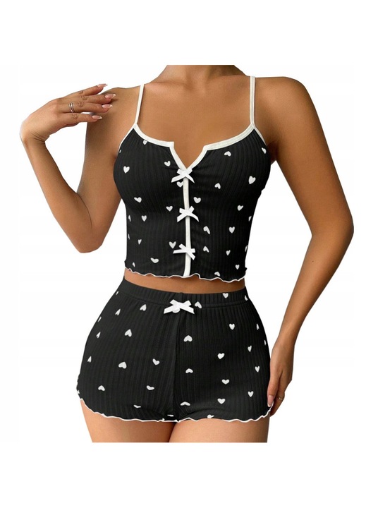 Set Lenjerie Intima Dama 2 Piese, SNM, Pijama Sexy Cu Imprimeu Inimi, Material Raiat Elastic Cu Fundite Si Volanase, Top Cu Bretele Si Pantaloni Scurti, Universala M-XL, Stil Elegant Si Provocator, Alb/Negru, Negru, M-XL