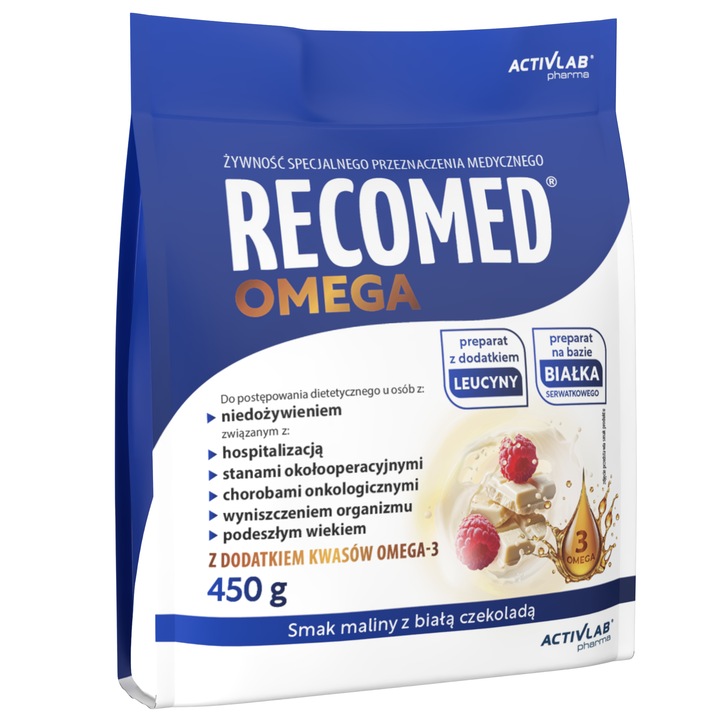 Activlab Pharma RECOMED Omega, пълноценна медицинска храна, хиперпротеинова и хиперкалорична с Омега-3 (DHA/EPA), за възстановяване и недохранване, прах 450 г, вкус Малина-Бял шоколад