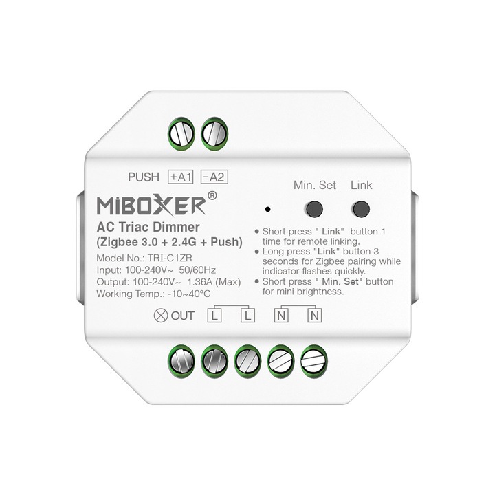 Диммер MiBoxer TRI-C1ZR Диммер Triac AC Zigbee 3.0 + 2.4 GHz RF + PUSH