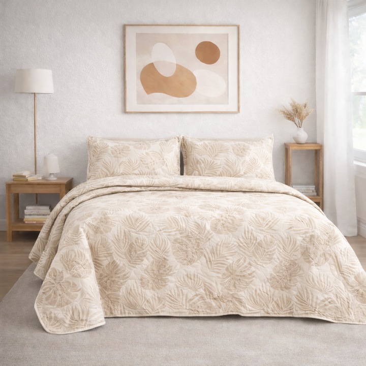 Комплект капитонирано покривало за легло от 3 части, 250x260 см + 2 калъфки за възглавници 60x80 см, памук, бежов