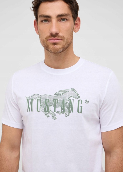 Tricou Barbati, Mustang, Austin, Regular Fit, Maneca Scurta, Decolteu Rotund, Cu Logo, Bumbac, Design Clasic, Alb, Alb