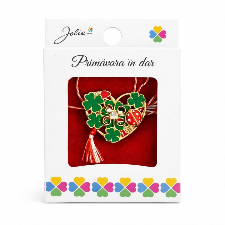 Márciuska Bross Kicsi Dobozban, Jolie, Bross Mérete 2,5-3 cm, Anyaga Fém, Minta Szív Lóherével, Többszínű