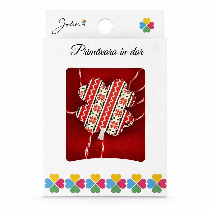 Martisor Brosa Mica in Cutie, Jolie, Model Trifoi Traditional, Metal, 2, 5-3 cm, Multicolor