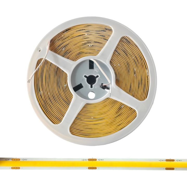 COB LED лента студено бяла, 6000K, 24V, 480 LED/m, 14W/m, 8мм, ролка 10м, непрекъсната светлина, интериорно, декоративно осветление, IP20