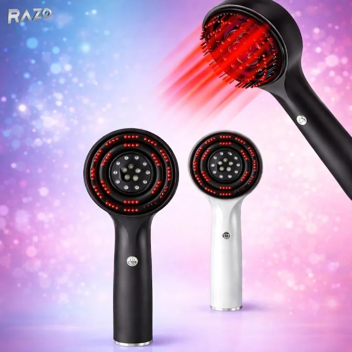 Perie electrica RAZO pentru masaj scalp, Vibratii 360°, Lumina LED rosie, 3 moduri, Reincarcabila USB, Pentru relaxare, stimulare circulatie, Negru