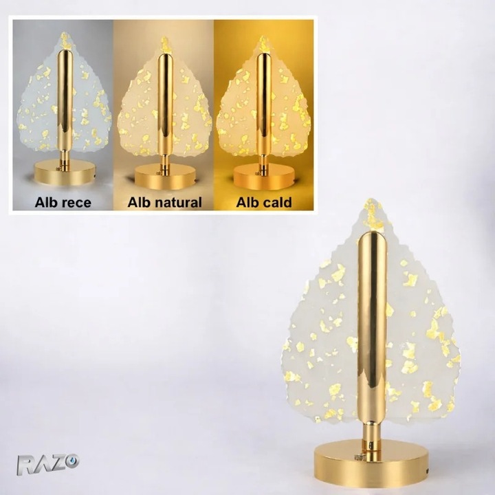 Lampa decorativa RAZO in forma de frunza, LED 3 culori, Touch dimabil, Reincarcabila USB, Baza aurie eleganta