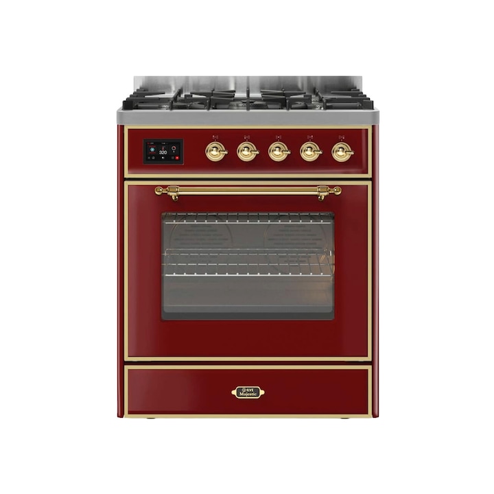 Aragaz pe gaz premium ILVE, Majestic, 76 cm, clasa A+, 5 arzatoare, cuptor electric 117 litri, design vintage, timer, usa cuptor cu 3 straturi de sticla, gatire ECO, dezghetare, 16 functii de gatire multiple, iluminare interioara, burgundy/bronz