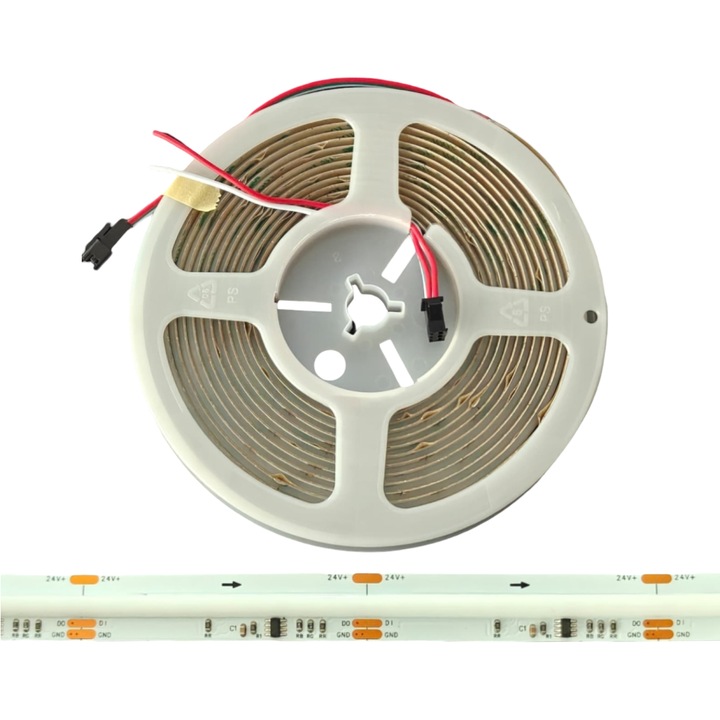 Адресируема COB LED лента RGB+IC, 24V DC, 720 LED/m, 19W/m, 12мм, ролка 5м, интериорно декоративно осветление, динамични ефекти, цифрово управление, IP20