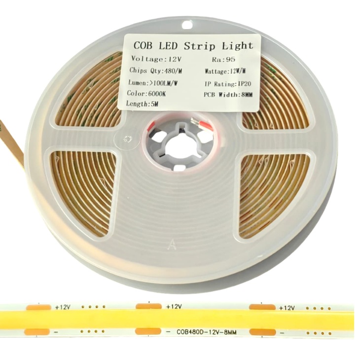 COB LED лента студено бяла 6000К, 12V DC, 480 LED/м, ширина 8мм, 12W/м, ролка 5м, интериорно осветление, IP20