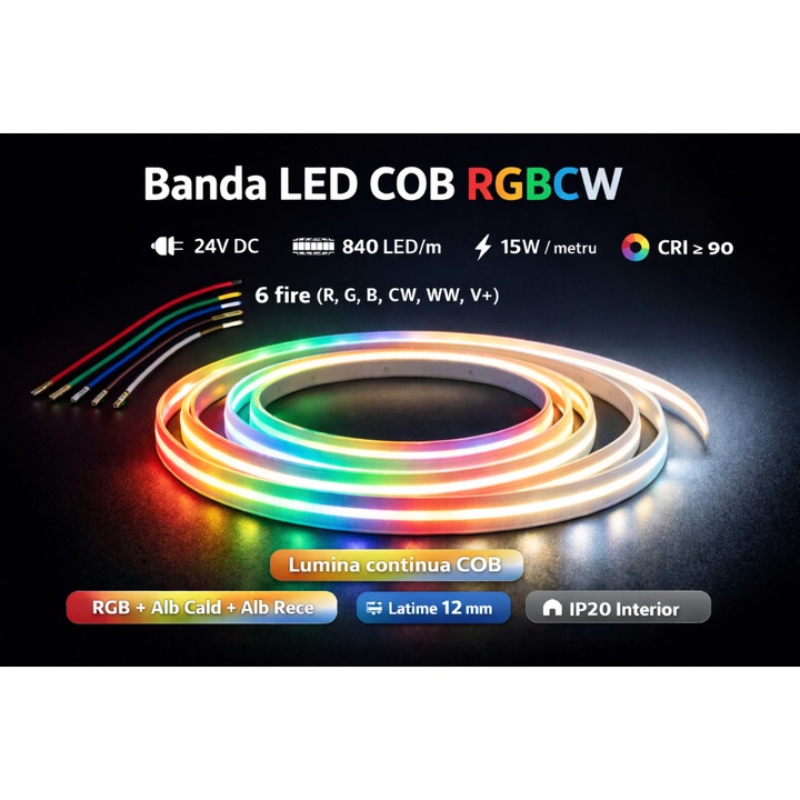 Banda LED COB RGBCW, 24V DC, 840 LED/m, 15W/m, CRI ≥90, latime 12mm ...