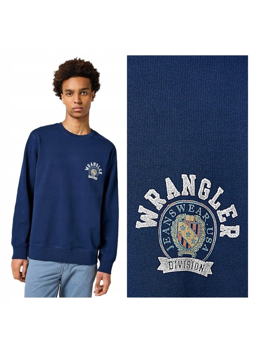 Hanorac Barbati, Wrangler, Crewneck Sweatshirt, Regular Fit, Decolteu Rotund, Fara Buzunare, Maneci Lungi, Bumbac, Fara Inchidere, 4XL INTL, Albastru