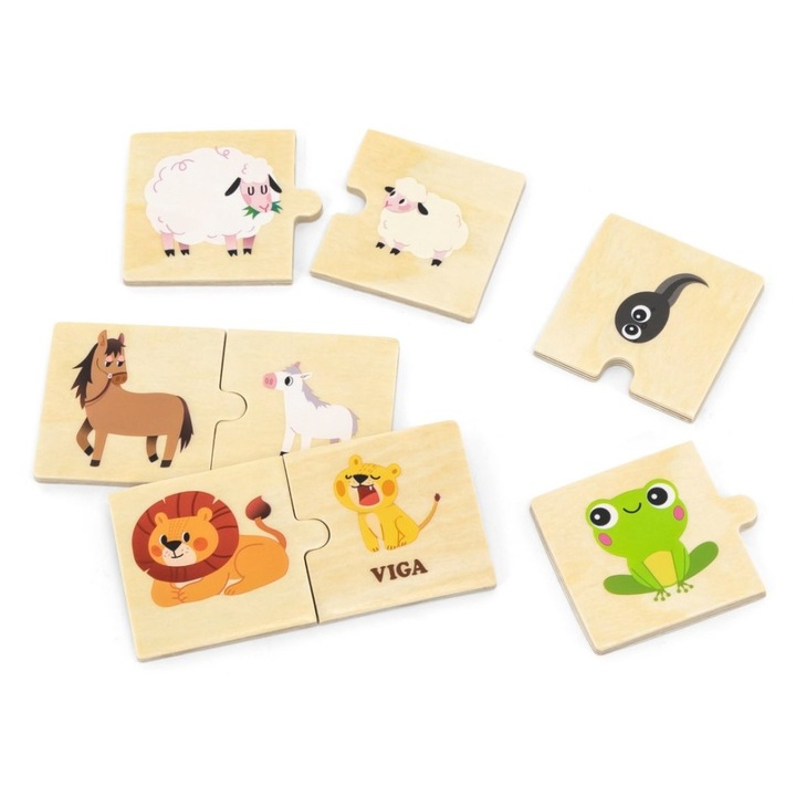 Пъзел Viga 44648, комплект 24 части, големи и малки животни, 5x5см, цветен