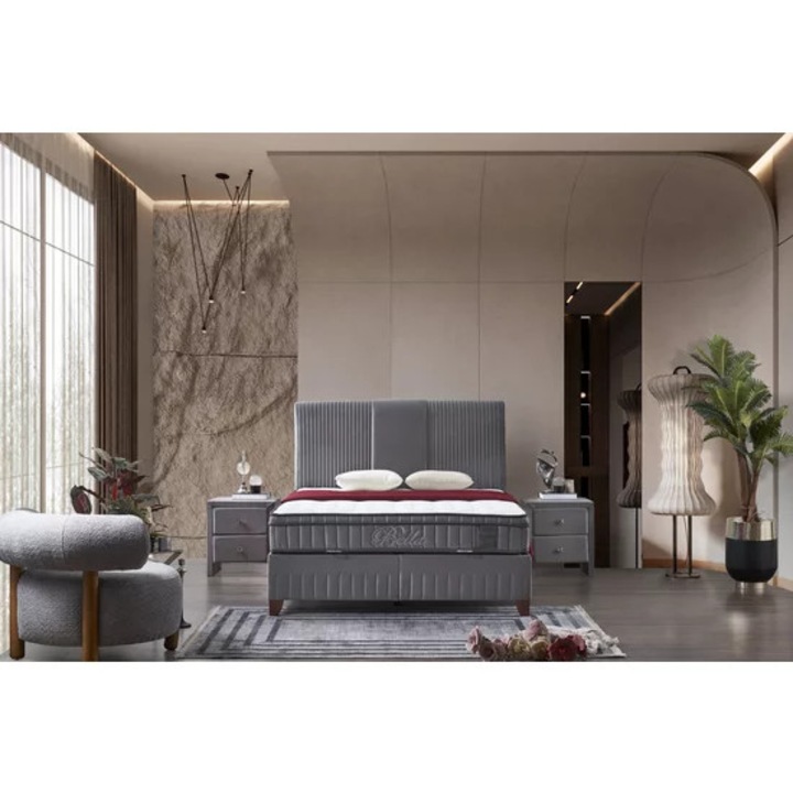 Set Pat Tapitat Bella + Saltea, lada depozitare, tapiterie catifea premium, structura metal + PAL, 160x200 cm, Gri