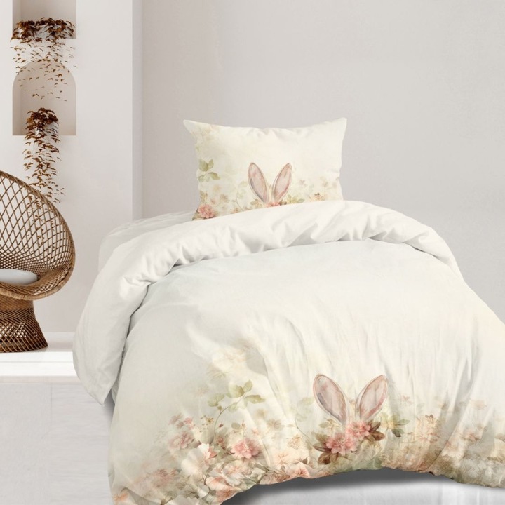 Lenjerie pat 1 persoana cu model floral pastel si iepuras, bumbac 100% ranforce, 3 piese, 180 x 240 cm, Lenjerii Deosebite, Elon