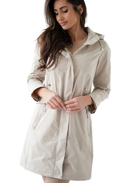 Palton dama Paker, lungime genunchi, gluga detasabila, bej, Bej