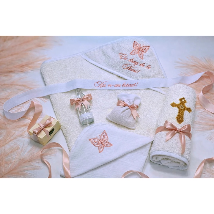 Trusou Botez Fluturas Brodat – 100% Bumbac - 7 piese