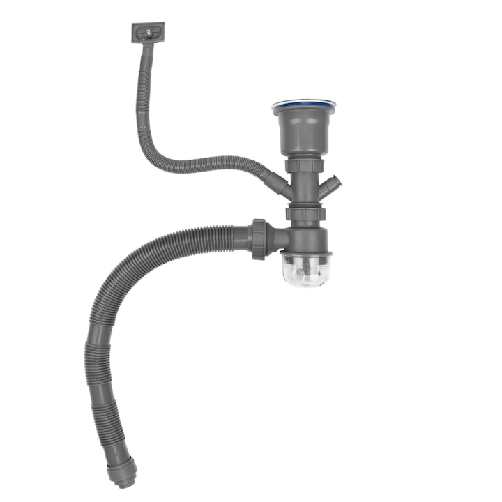 Sifon pentru chiuveta cu o cuva handmade, ANW HOME, 90 mm, Plastic si Otel Inox, Textura mata rezistenta, Grafit, Set Complet Sifon, Sita, Garnituri etanse, Design compact Space Saving, Flux optim de apa, Rezistenta termica