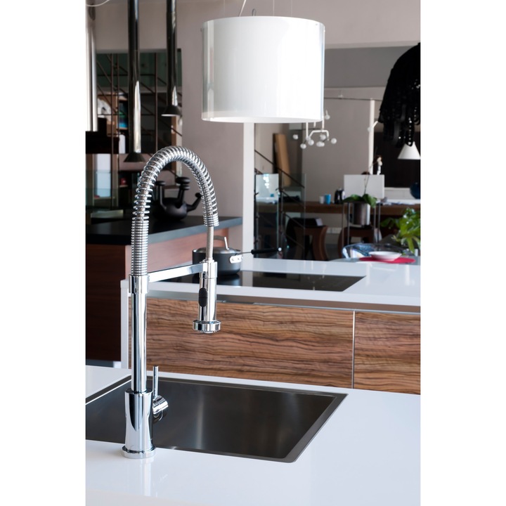 Modern konyhai csaptelep, ANW HOME, 42 cm, Tömör sárgaréz és acél, Prémium szatén felület, Matt acél, Komplett csaptelep szett, Kihúzható kifolyócső, 1/2 csatlakozók, 2 áramlási mód, Tartós kerámia betét, Maximális higiénia, Gyors mosogató tisztítás