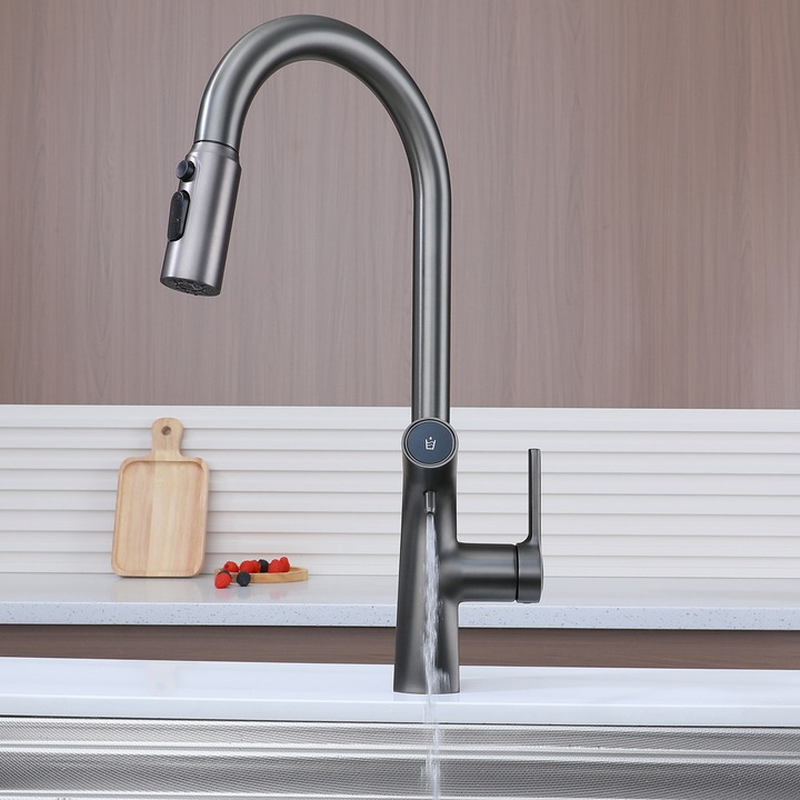 Baterie de bucatarie Gun Grey, ANW HOME, 450 mm, Otel inoxidabil 304, Finisaj mat nobil, Gri Grafit, Set Complet Baterie, Set montaj, 3 moduri de jet de apa, Conexiune pentru filtru de apa inclusa in set, Stil industrial de lux