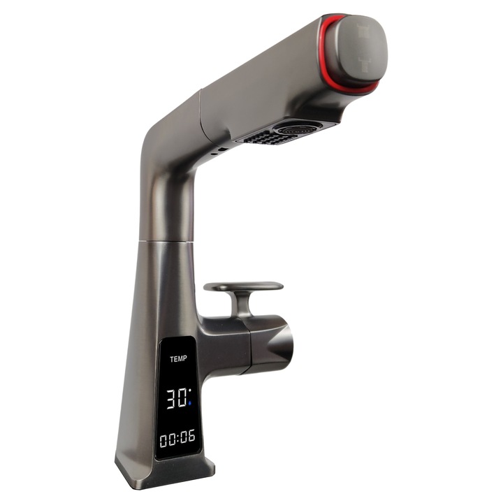 Intelligens konyhai csaptelep, ANW HOME, állítható magasság, 304-es rozsdamentes acél, szálcsiszolt matt felület, grafit szürke, komplett szett, LCD kijelző, 1/2 csatlakozások, beépített termosztát, 60 cm-es teleszkópos kifolyócső, 2 sugárzási mód