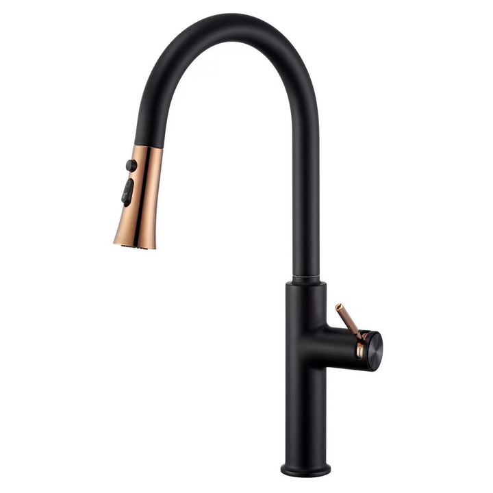 Luxus konyhai csaptelep, ANW HOME, 30 cm, Prémium rozsdamentes acél, Fekete és rózsaarany kivitel, Fekete Réz, Komplett csaptelepkészlet, Flexibilis tömlők, Szerelőkészlet, Forgatható kifolyócső, Gazdaságos perlátor, Korrózió- és karcálló