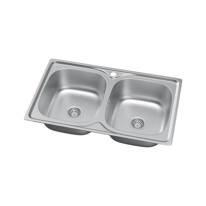 Chiuveta bucatarie dubla, ANW HOME, 80x50 cm, Argintiu Mikro Len, Sifon, Sita, Elemente montaj, Pad fonic, Anti-zgarieturi, Confort maxim, Utilizare simultana, Stil modern, Calitate, Rezistenta, Inox, Otel galvanizat 0.9 mm, pressed