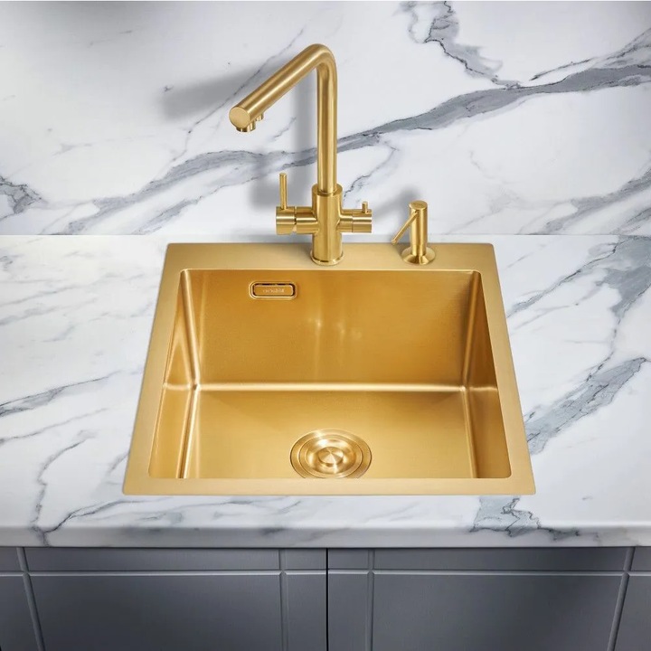 Chiuveta bucatarie, ANW HOME, 40x50 cm, Auriu PVD, Sifon, Dozator, Sita, Elemente montaj, Cuva adanca 21cm, Rezistenta termica, Aspect exclusivist, Confort zilnic, Curatare facila, Otel inoxidabil, Nou, Otel galvanizat 3 mm si 1 mm, handmade