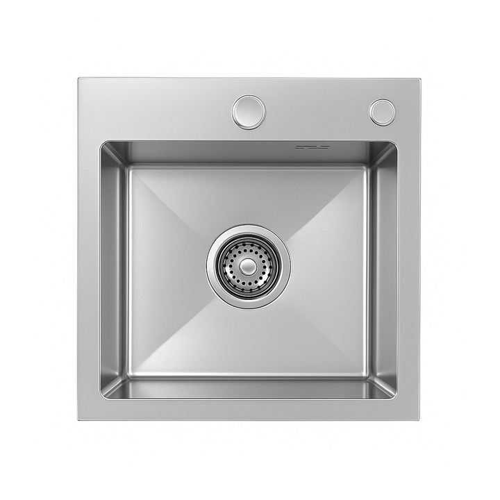 Chiuveta handmade ANW Home 38x38 cm, argintiu satinat, cu sifon si dozator sapun, inox, strat anticondens si absorbtie zgomot