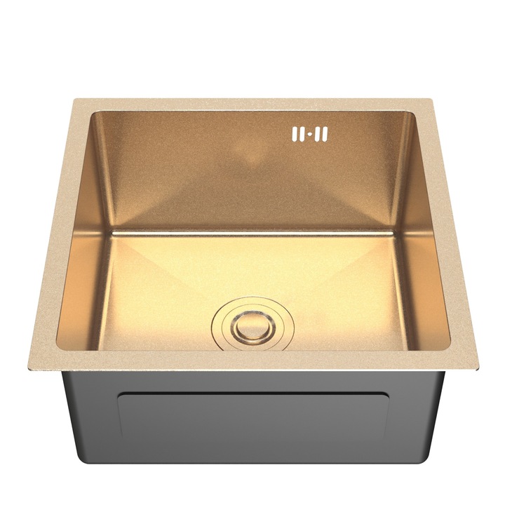 Chiuveta bucatarie, ANW HOME, 44x44 cm, Auriu PVD Satina, Sifon, Sita, Elemente montaj, Cuva 21cm, Utilizare silentioasa, Protectie coroziune, Stil modern, Gestionare spatiu, Durabilitate, Elegant, Inox, Otel galvanizat 3 mm si 1 mm, handmade