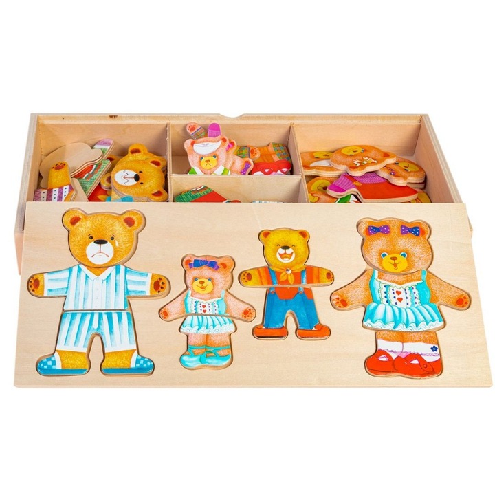 Дървен пъзел, Лука, комплект семейство мечки, 60 части, многоцветен, 32x14.5x4см