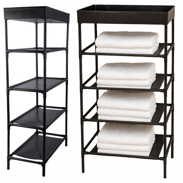 Raft cu 5 Etajere Verk Group, Organizator Pliabil, Suport Depozitare Hol/Dressing/Baie/Bucatarie, 81x39, 5x21, 5 cm, Cadru Plastic + Poliester, NEGRU