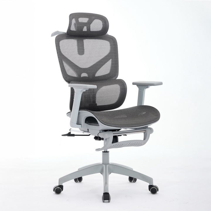 Scaun Ergonomic, TOP SCAUNE®, Scaun Ergonomic Cu Suport Lombar Dinamic Adaptive, Scaun Ergonomic Full Mesh Respirabil, Cotiere 3D Reglabile, Tetiera Ajustabila, Suport Picioare Retractabil, Baza Metalica Rezistenta, 135° Reclinare, Gri