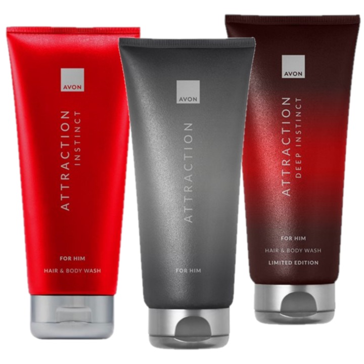 Set 3 geluri de dus Attraction pentru El, Avon, 3 x 200 ml - Gel de dus Attraction 200 ml, Gel de dus Attraction Instinct 200 ml, Gel dus Attraction Deep Instinct 200 ml