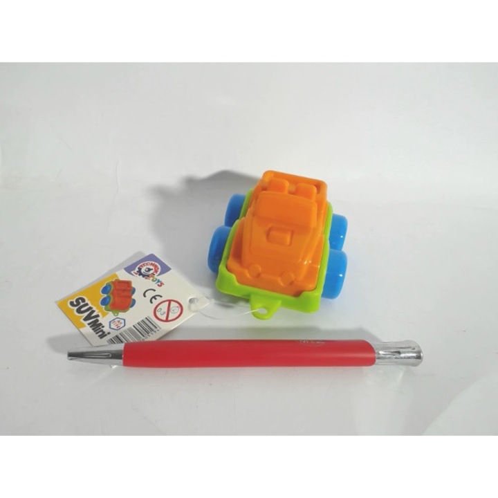 Masinuta SUV mini VIMAR, portocalie cu baza verde deschisa, roti albastre, din plastic, 05194
