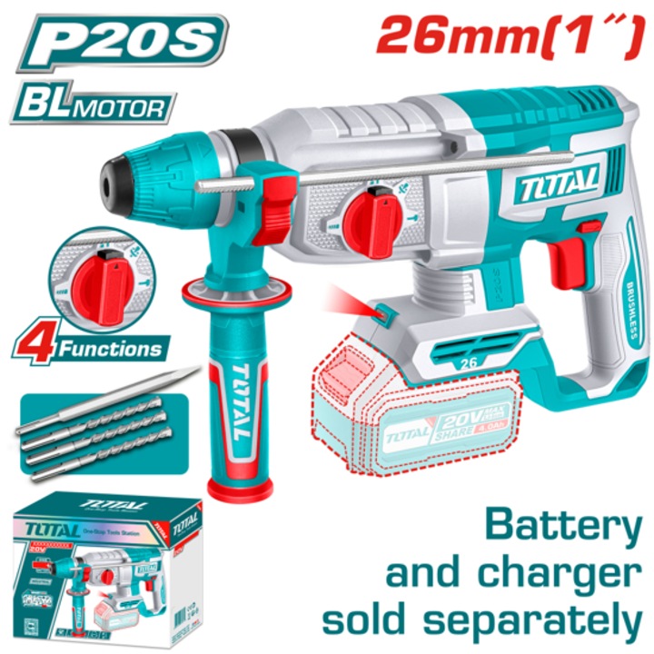 TOTAL TRHLI20268 ciocan rotopercutor fara fir, fara perii, SDS+, 20 V, fara acumulator