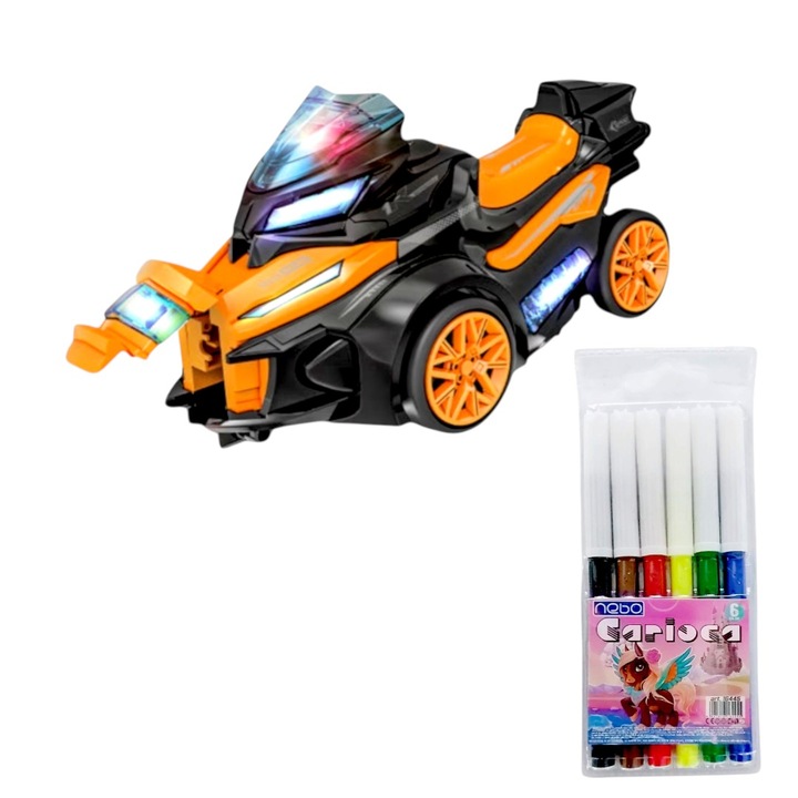 Играчка мотоциклет, 22x10.5x11 см, изстрелва 3 минимотоциклета, 4x1.5x1 см, многоцветен, звуци и светлини, 3 години + с комплект от 6 маркера, 13,5 см