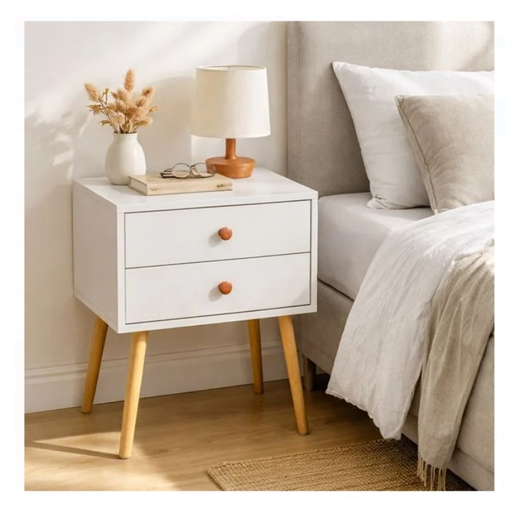 Noptiera 2 sertare si 4 picioare alb lemn MDF