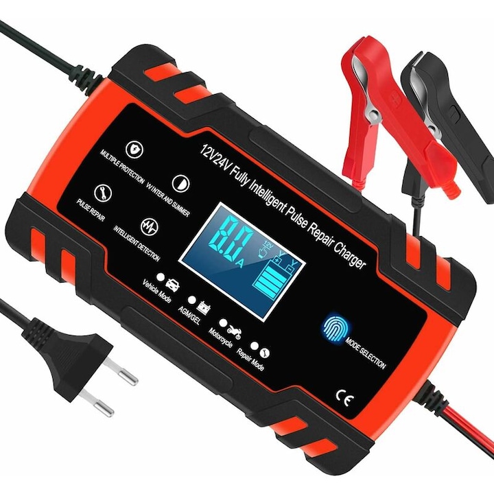 Redresor auto inteligent 8A 12V/24V, functie de reparare automata, protectii multiple, ecran LCD, pentru baterii AGM, GEL, WET, SLA
