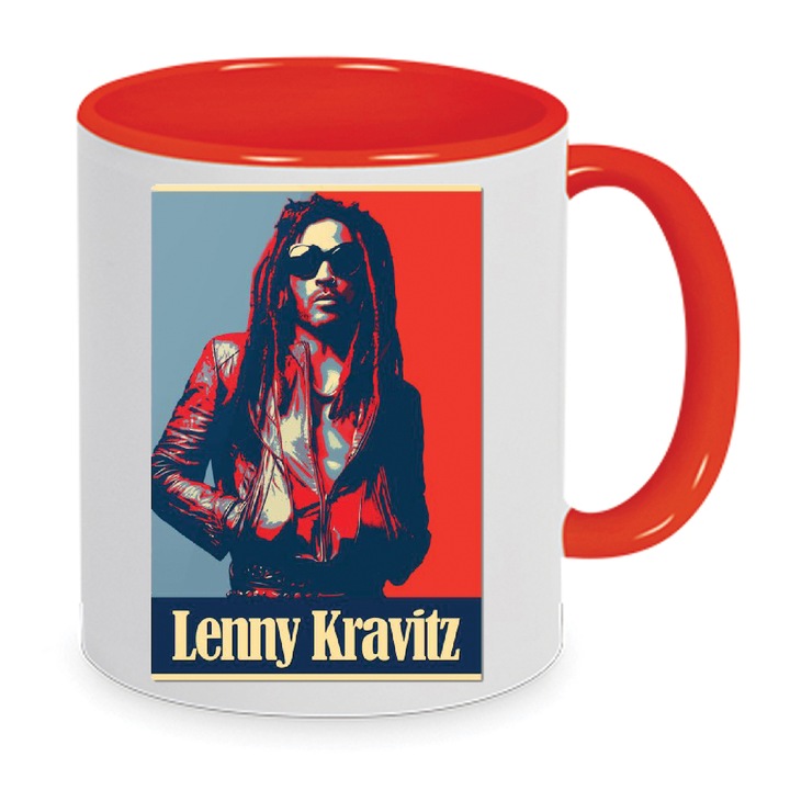 Cana ceramica premium Lenny Kravitz 330ml Nr.4 – Alb Rosu, Finisaj Lucios, Se poate spala in masina de spalat vase, Imprimare prin sublimare de inalta calitate, Cadou pentru fanii muzicii rock