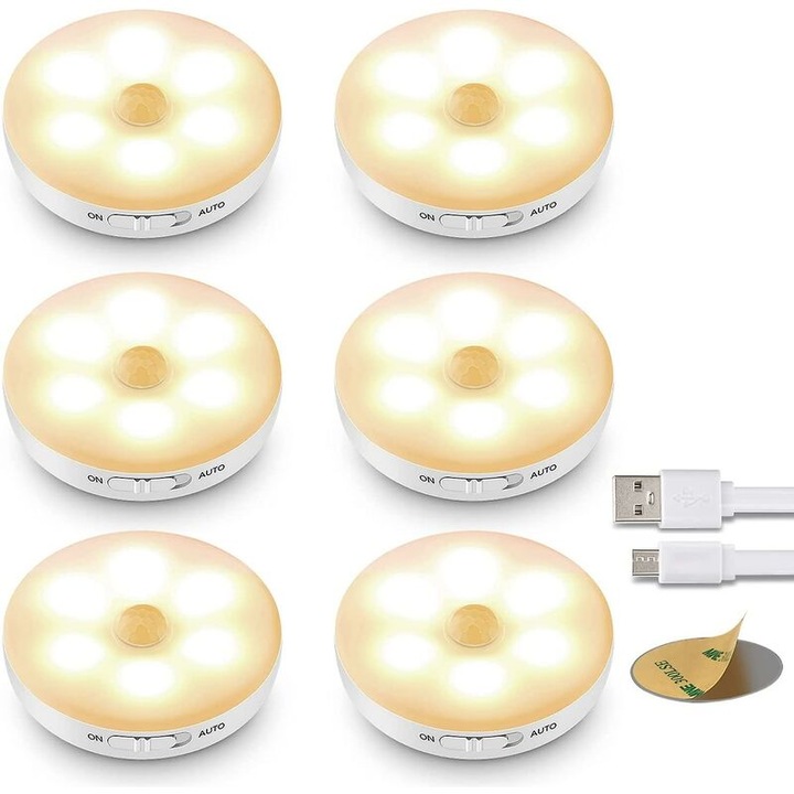 Set de 6 veioze LED cu senzor de miscare, lumini reincarcabile, design subtire, alb cald, pentru interior
