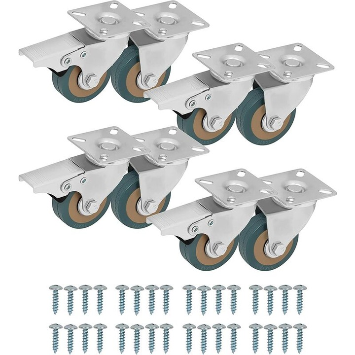 Roti pivotante pentru mobilier, set de 8, 50mm, cauciuc, capacitate 50kg per roata, 7.4x7cm