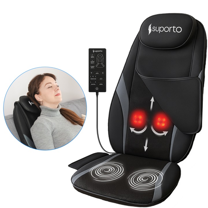 Aparat Masaj Spate Suporto DETENSO GO de tip Husa scaun de masaj cu Shiatsu si Vibromasaj, Perna Masaj cu Incalzire terapeutica, Reduce tensiunea si Relaxeaza Spatele, Functie Masaj Tintit, Negru