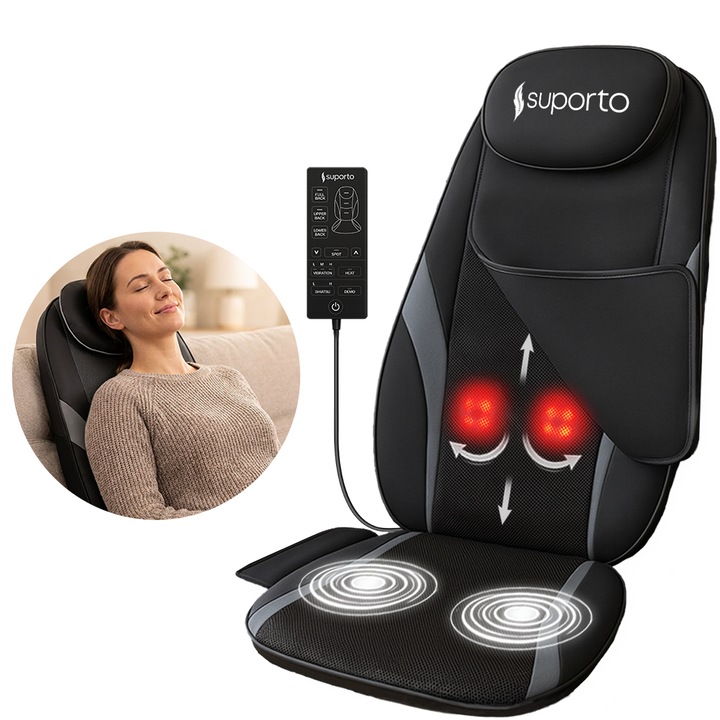 Масажен Апарат за Гръб Suporto Detenso Go Тип Калъфка за стол с Шиацу и Вибромасаж, Масажна Възглавница с Терапевтично Инфрачервено Нагряване, Облекчава Болката и Релаксира Гърба, Функция за Целенасочен Масаж, Черен/Сив