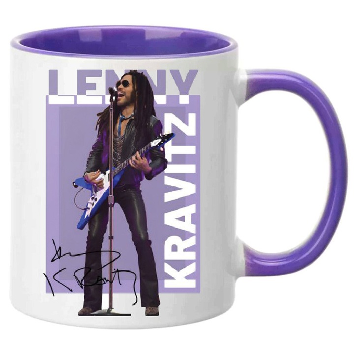 Cana ceramica premium Lenny Kravitz 330ml Nr.7 – Alb Violet, Finisaj Lucios, Lavabila in Masina de Spalat Vase, Imprimare prin Sublimatie de Inalta Calitate, Cadou pentru Fanii Muzicii Rock