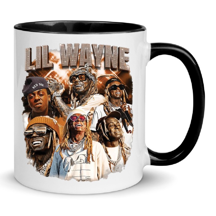 Cana ceramica premium Lil Wayne 330ml Nr.1 – Alb Negru, Finisaj Lucios, Se poate spala in masina de spalat vase, Imprimare prin sublimare de inalta calitate, Cadou pentru fanii Hip-Hop