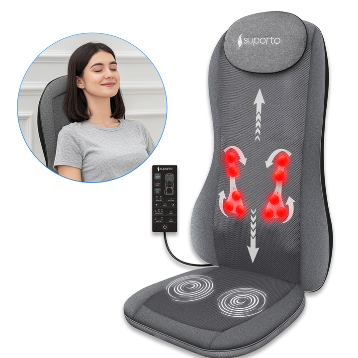 Aparat Masaj Spate Suporto DETENSO 3D Max de tip Husa scaun de masaj cu Shiatsu si Vibromasaj, Perna Masaj cu Incalzire terapeutica, Reduce tensiunea si Relaxeaza Spatele, Functie Masaj 2D/3D, Cervical, Tintit, Rulare, Gri