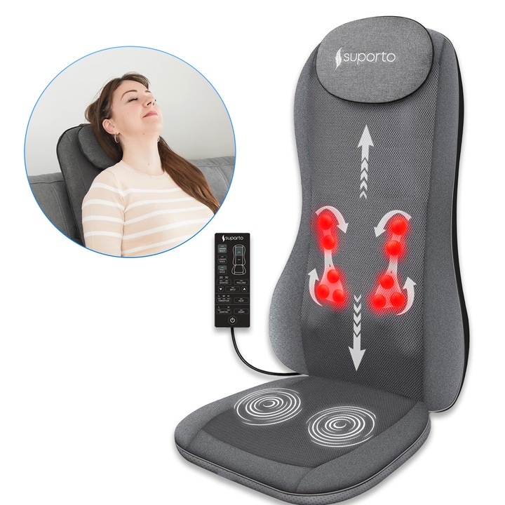Aparat Masaj Spate Suporto DETENSO 3D Max de tip Husa scaun de masaj cu Shiatsu si Vibromasaj, Perna Masaj cu Incalzire terapeutica, Reduce tensiunea si Relaxeaza Spatele, Functie Masaj 2D/3D, Cervical, Tintit, Rulare, Gri