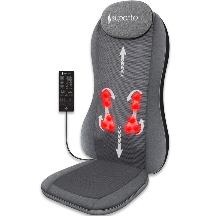 Апарат за масаж на гръб Suporto Detenso 3D Max, тип калъф за масажен стол с шиацу и вибромасаж, масажна възглавница с терапевтично инфрачервено нагряване, облекчава болката и отпуска гърба, функция за целенасочен масаж, търкаляне, 2D/3D, сив